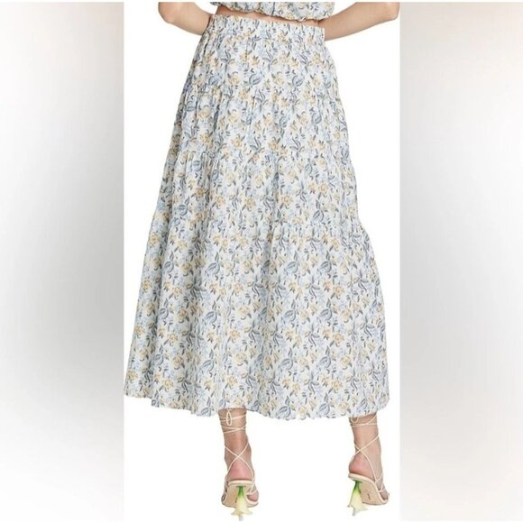 En Saison Maeve Floral Tiered  Blue Yellow Print Midi Maxi Skirt - Picture 2 of 7